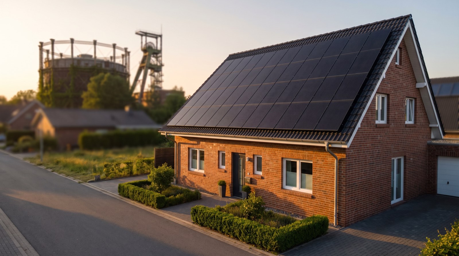 Modernes Einfamilienhaus mit roter Klinkerfassade und Full-Black-Photovoltaikanlage auf dem Satteldach im Abendlicht, im Hintergrund begrünte Industriekultur des Ruhrgebiets