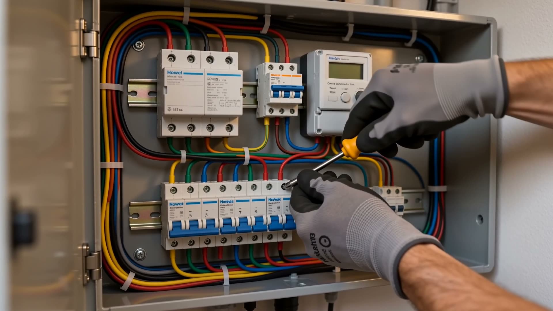 Geöffneter, sauber verdrahteter Zählerschrank mit beschrifteten Reihenklemmen und digitalem Zweirichtungszähler