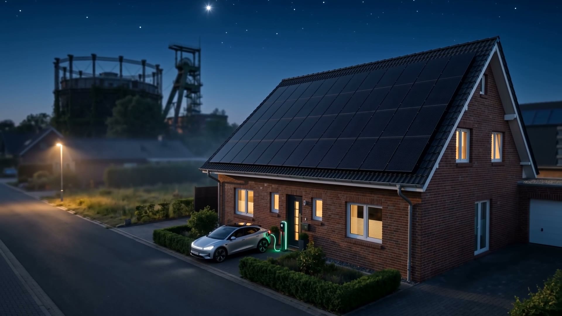 Das Haus zur blauen Stunde: warm beleuchtete Fenster, ein E-Auto lädt an der Wallbox, das Photovoltaikdach als dunkle Fläche gegen den Nachthimmel